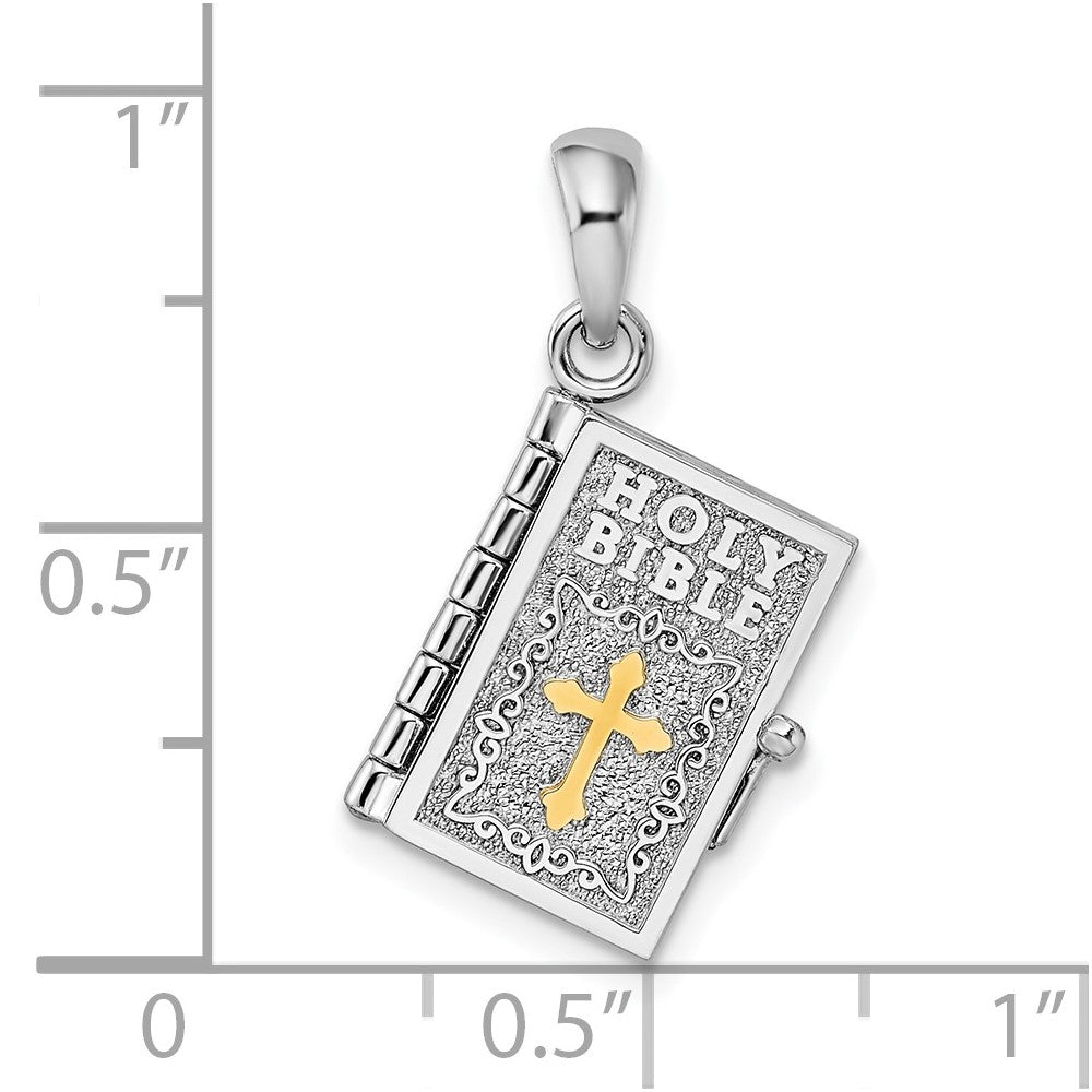 Sterling Silver Rhod-plted 3D Lords Prayer Holy Bible w/14k Pendant