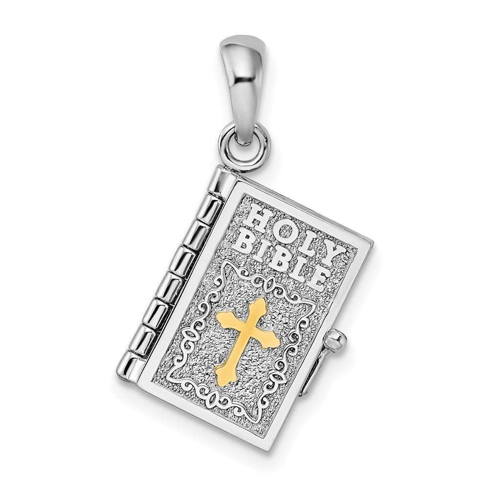Sterling Silver Rhod-plted 3D Lords Prayer Holy Bible w/14k Pendant