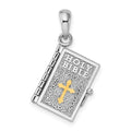 Sterling Silver Rhod-plted 3D Lords Prayer Holy Bible w/14k Pendant