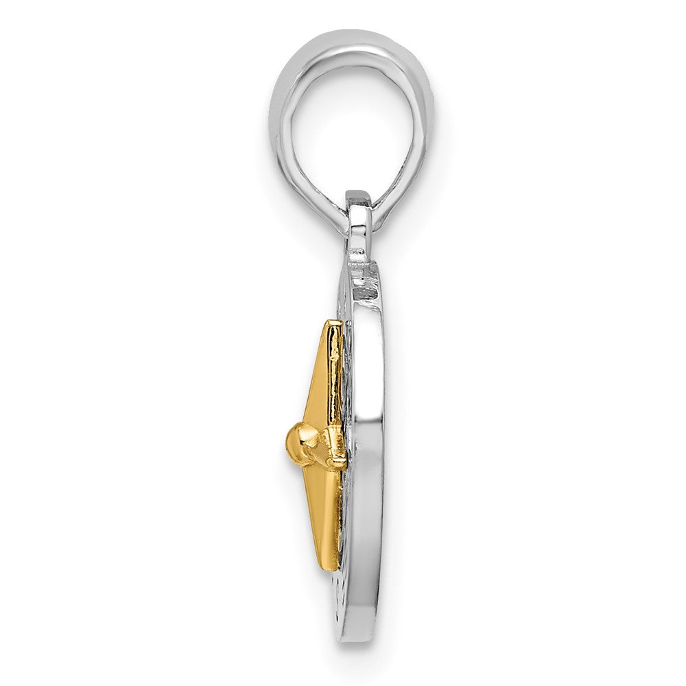 Sterling Silver Rhod-plated Polished Mini Compass w/14k Needle Pendant