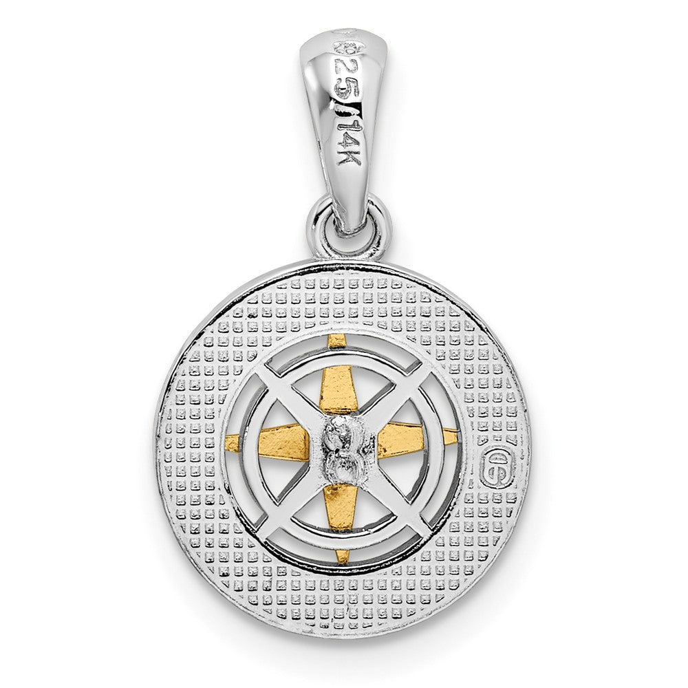 Sterling Silver Rhod-plated Polished Mini Compass w/14k Needle Pendant