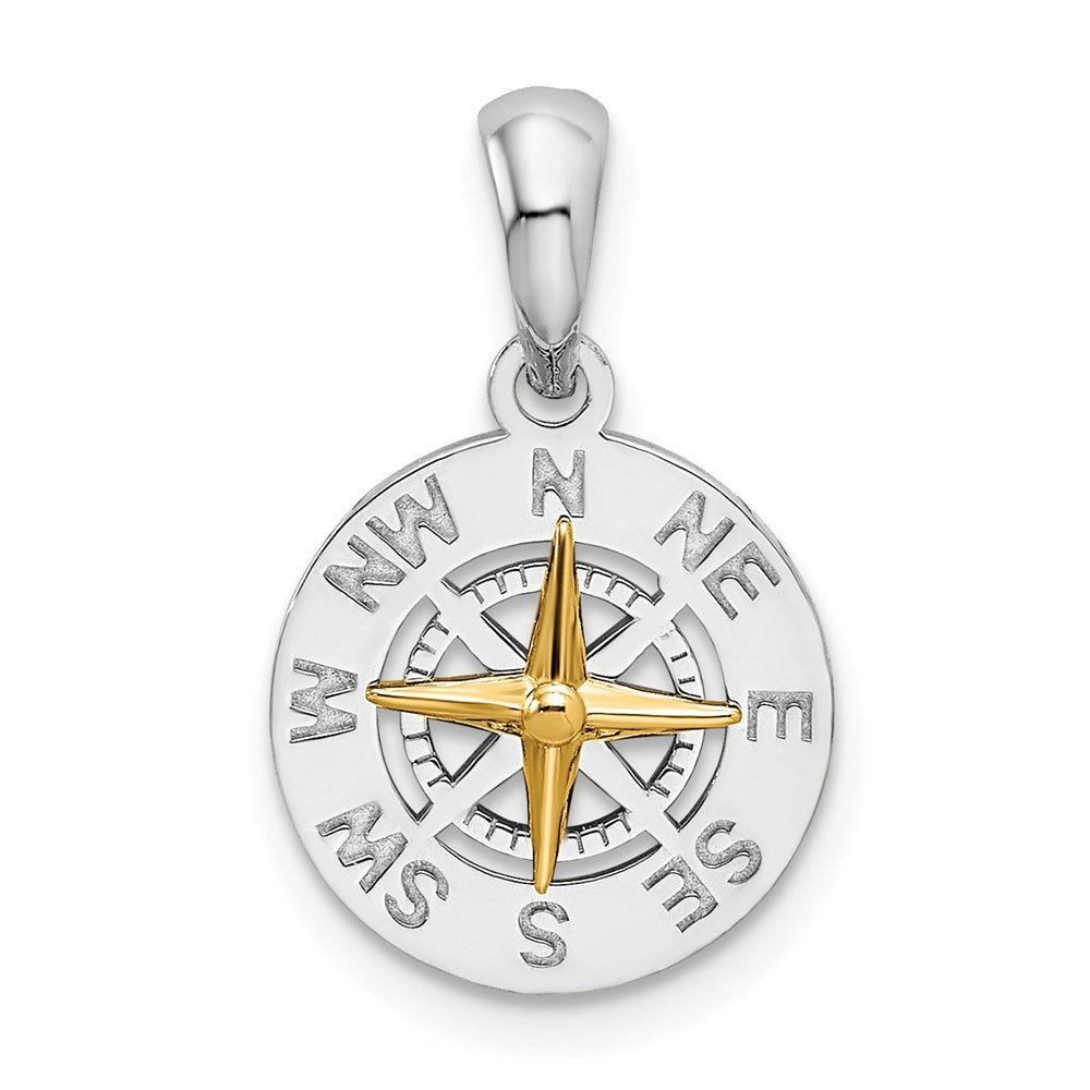 Sterling Silver Rhod-plated Polished Mini Compass w/14k Needle Pendant