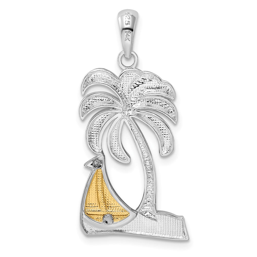 Sterling Silver Rhod-plated Polished Palm Tree w/14k Sailboat Pendant