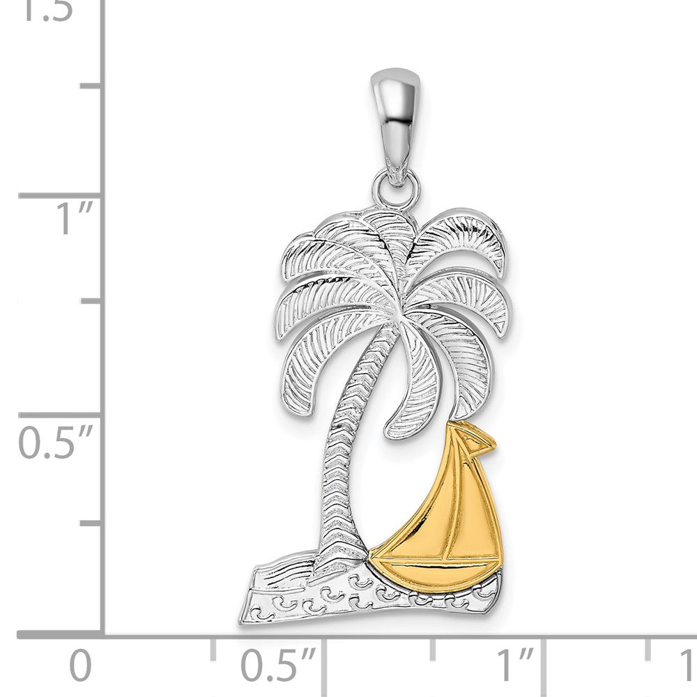 Sterling Silver Rhod-plated Polished Palm Tree w/14k Sailboat Pendant