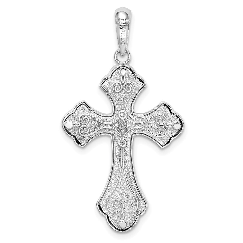 Sterling Silver Rhod-plated Filigree Budded Cross w/14k Accent Pendant