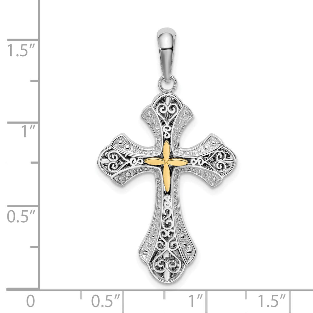 Sterling Silver Rhod-plated Filigree Budded Cross w/14k Accent Pendant