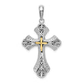 Sterling Silver Rhod-plated Filigree Budded Cross w/14k Accent Pendant