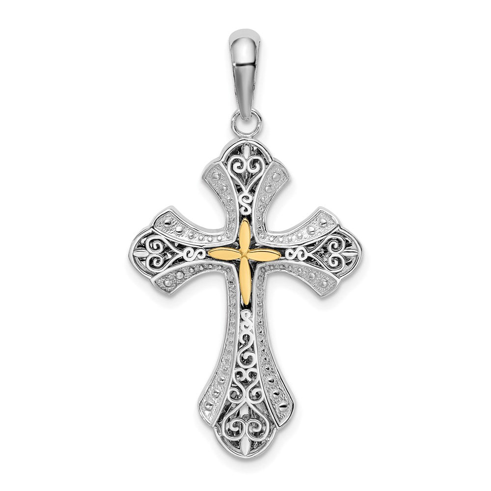 Sterling Silver Rhod-plated Filigree Budded Cross w/14k Accent Pendant