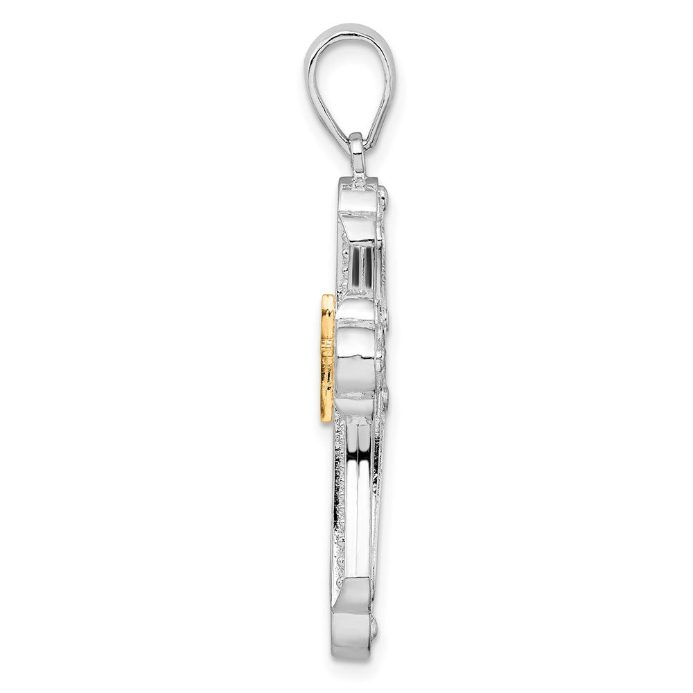 Sterling Silver Rhod-plated D/C Budded Cross w/14k Accent Pendant