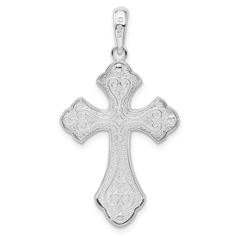 Sterling Silver Rhod-plated D/C Budded Cross w/14k Accent Pendant