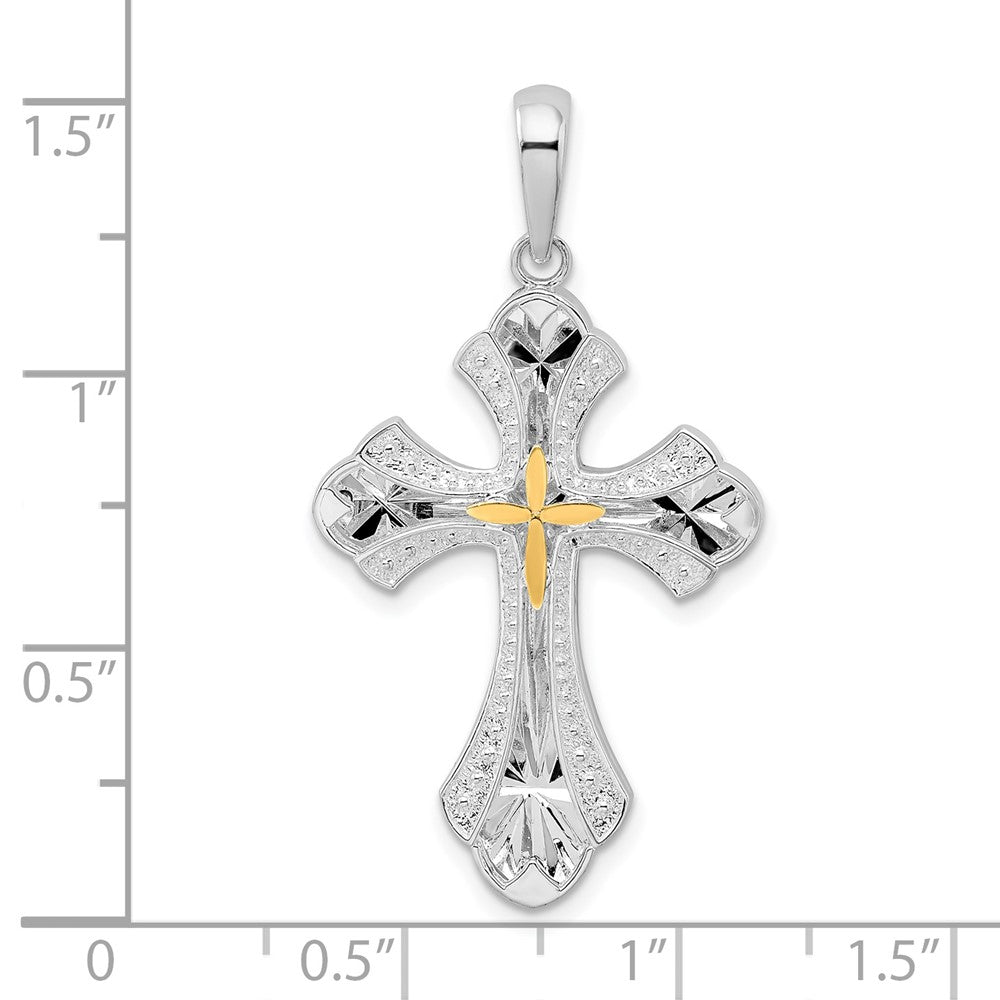 Sterling Silver Rhod-plated D/C Budded Cross w/14k Accent Pendant