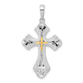 Sterling Silver Rhod-plated D/C Budded Cross w/14k Accent Pendant