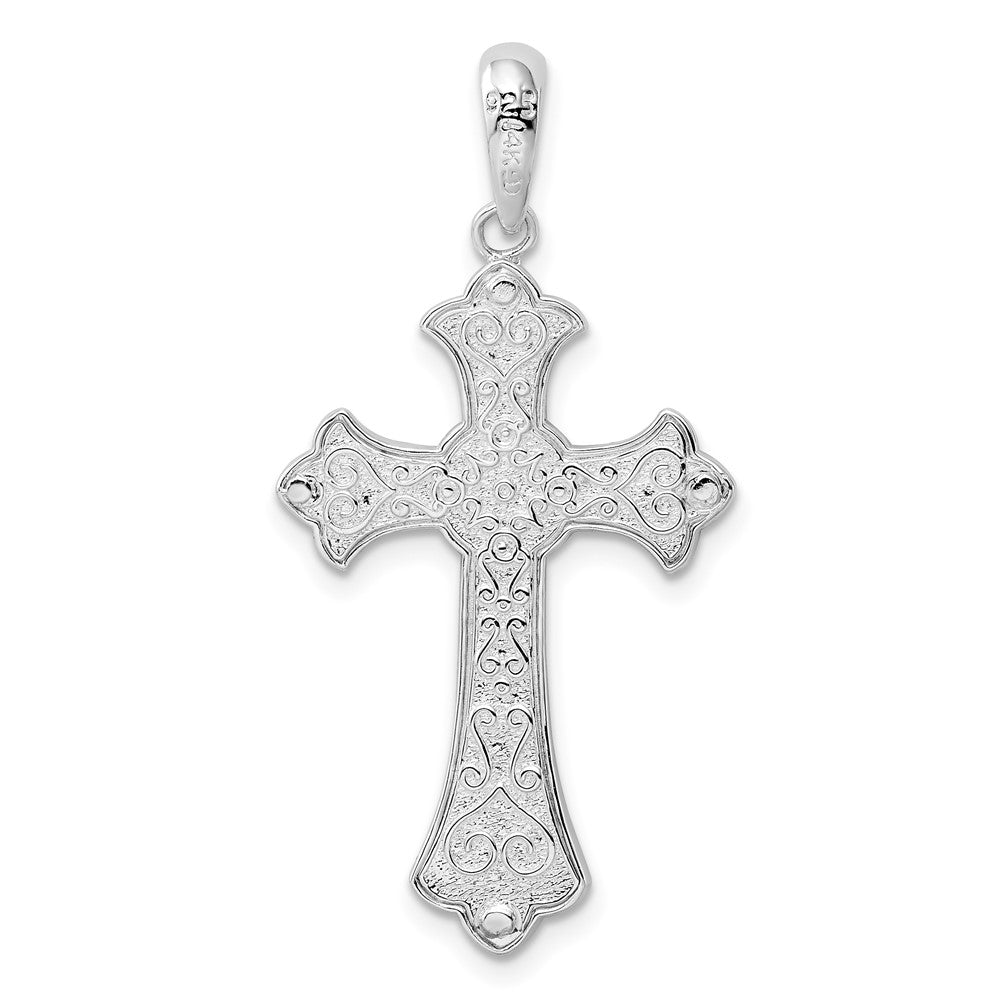 Sterling Silver Rhod-plated D/C Fleur de Lis Cross w/14k Accent Pendant
