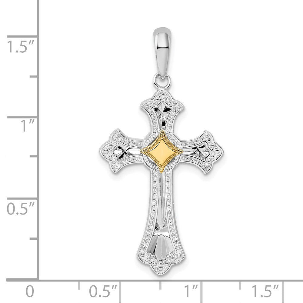Sterling Silver Rhod-plated D/C Fleur de Lis Cross w/14k Accent Pendant