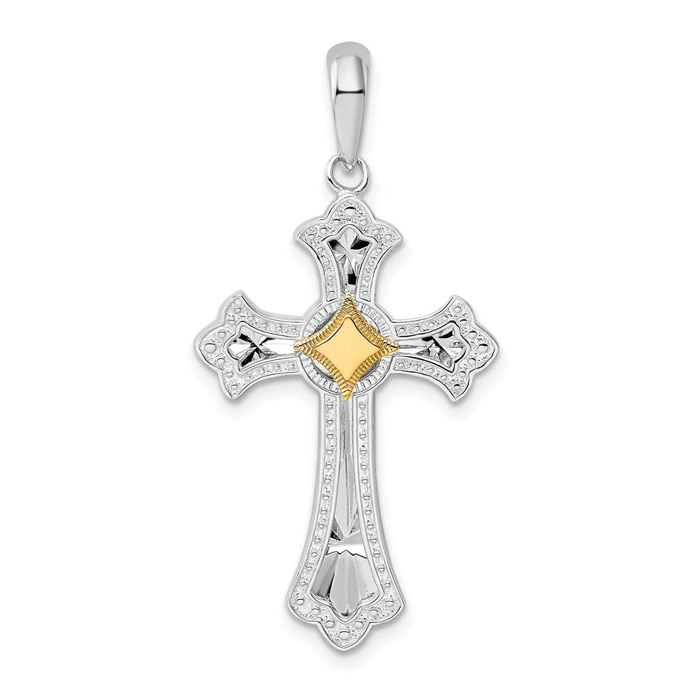Sterling Silver Rhod-plated D/C Fleur de Lis Cross w/14k Accent Pendant