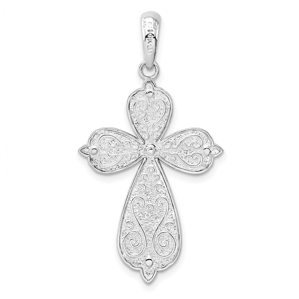 Sterling Silver Rhod-plated D/C Rounded Cross w/14k Accent Pendant