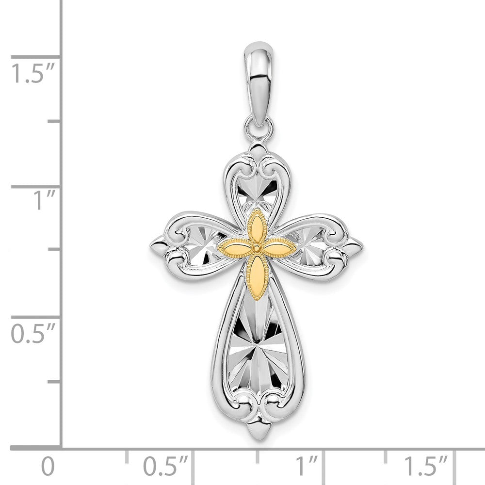 Sterling Silver Rhod-plated D/C Rounded Cross w/14k Accent Pendant