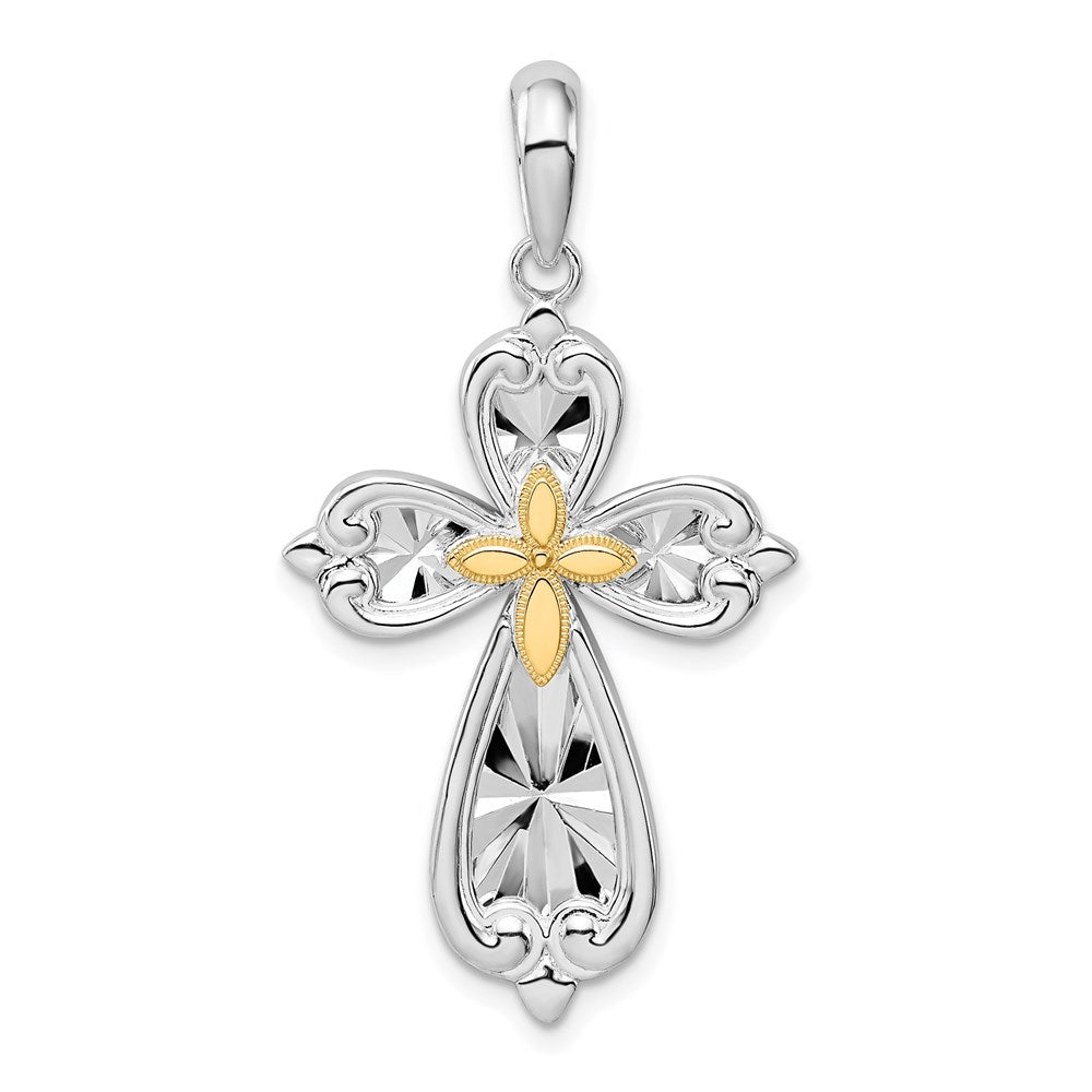 Sterling Silver Rhod-plated D/C Rounded Cross w/14k Accent Pendant
