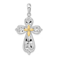 Sterling Silver Rhod-plated D/C Rounded Cross w/14k Accent Pendant