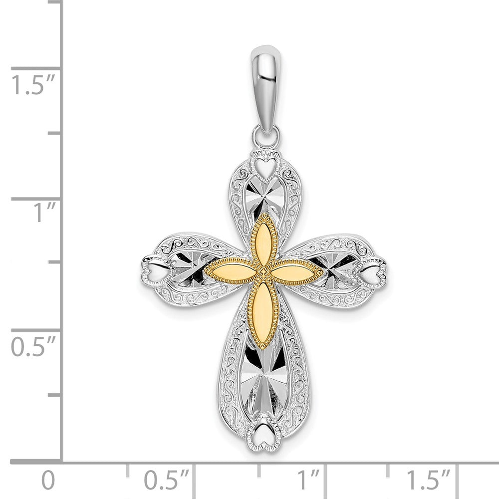 Sterling Silver Rhod-plated D/C Heart Cross w/14k Accent Pendant