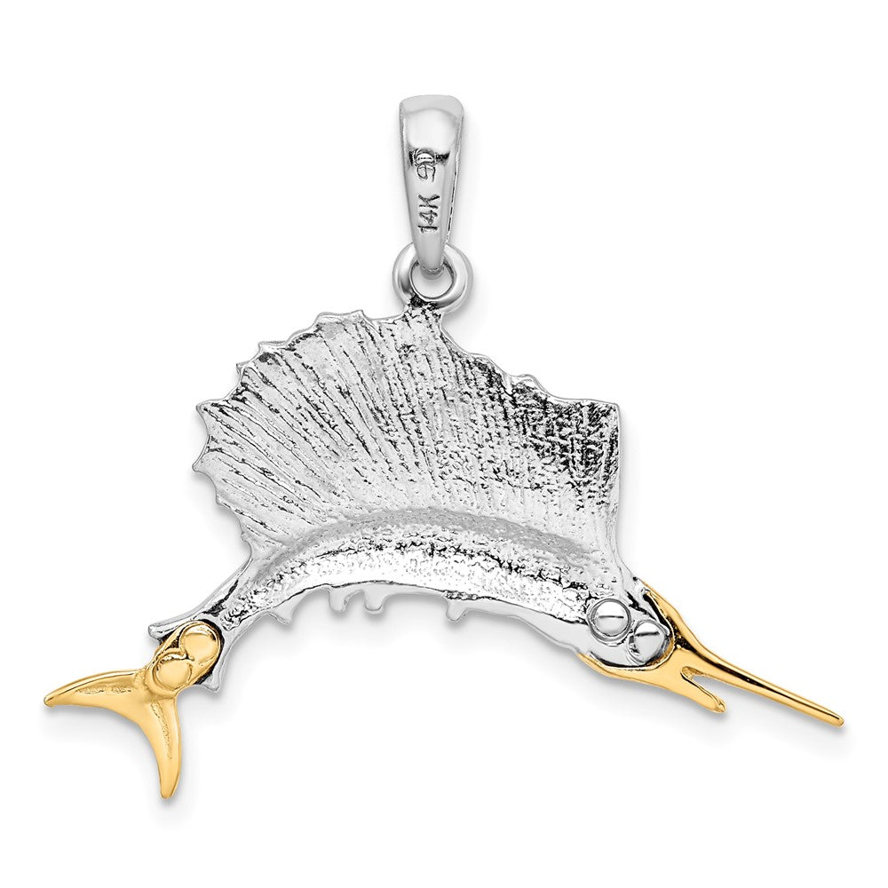 Sterling Silver Rhod-plated Polished Sailfish w/14k Accents Pendant