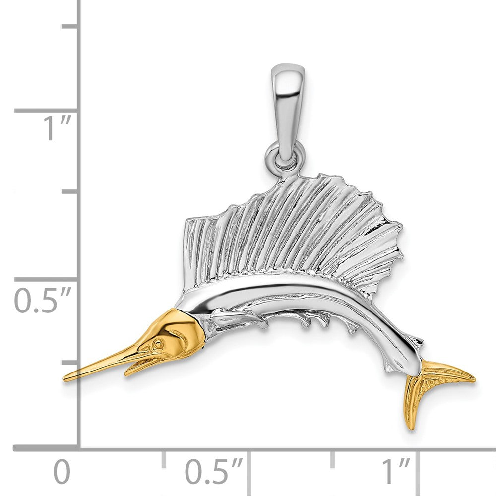 Sterling Silver Rhod-plated Polished Sailfish w/14k Accents Pendant
