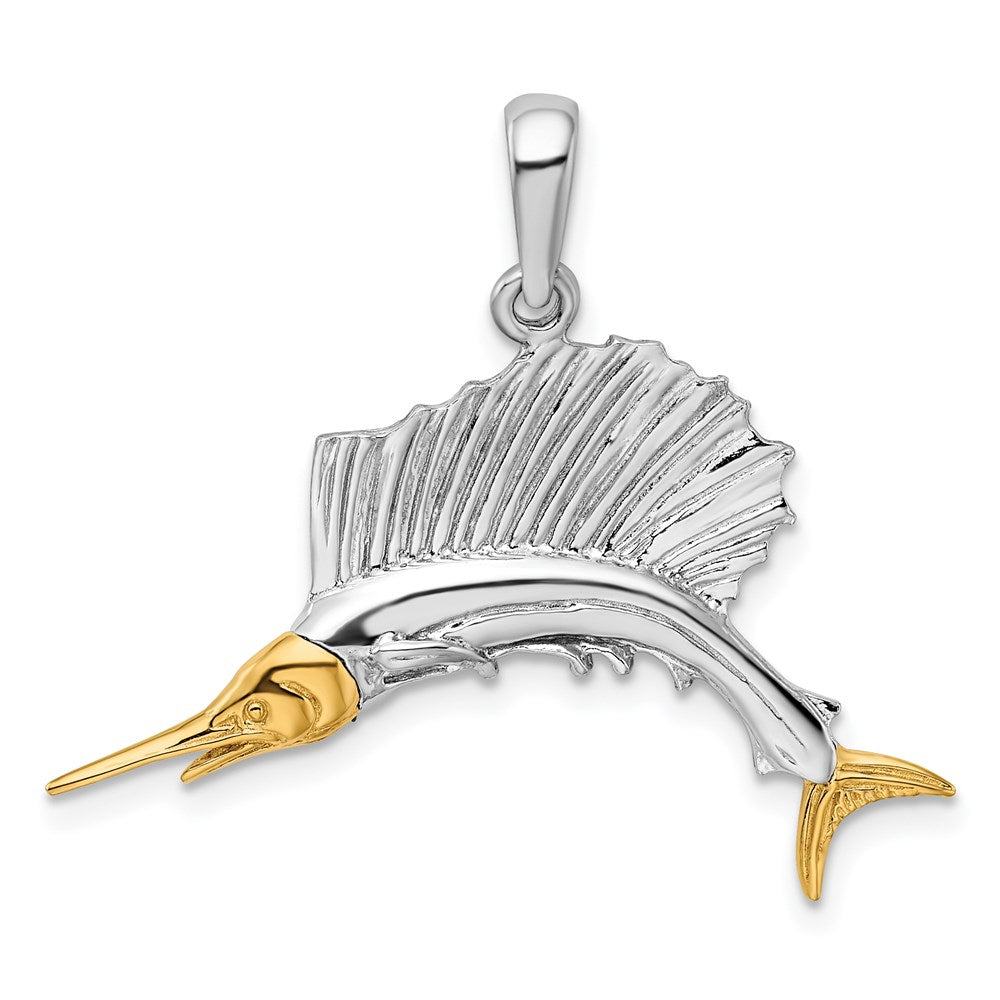 Sterling Silver Rhod-plated Polished Sailfish w/14k Accents Pendant