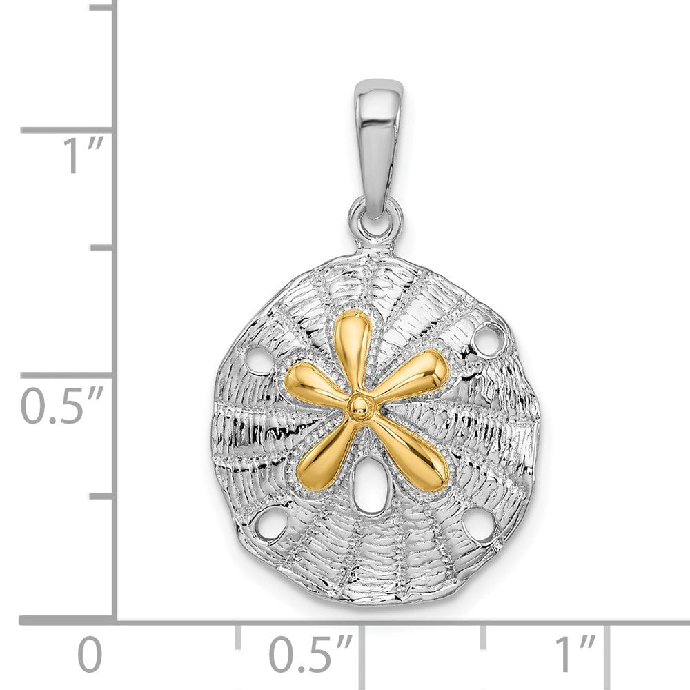 Sterling Silver Rhod-plated Textured Sand Dollar w/14k Accent Pendant