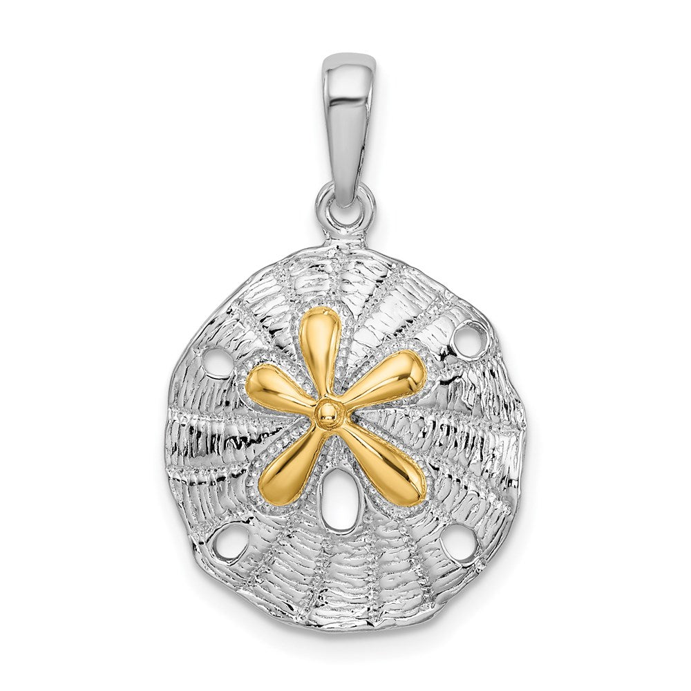 Sterling Silver Rhod-plated Textured Sand Dollar w/14k Accent Pendant
