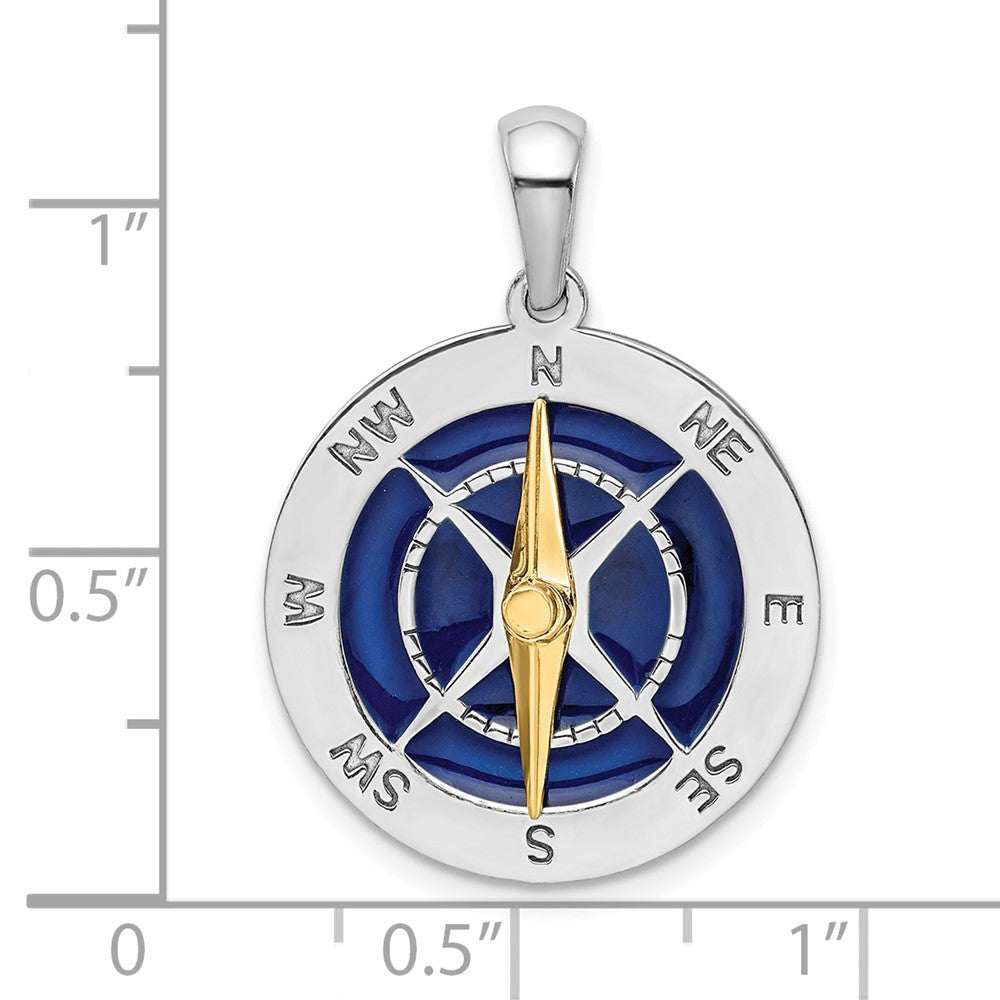 Sterling Silver RH-plated Enamel Compass w/14k Moving Needle Pendant