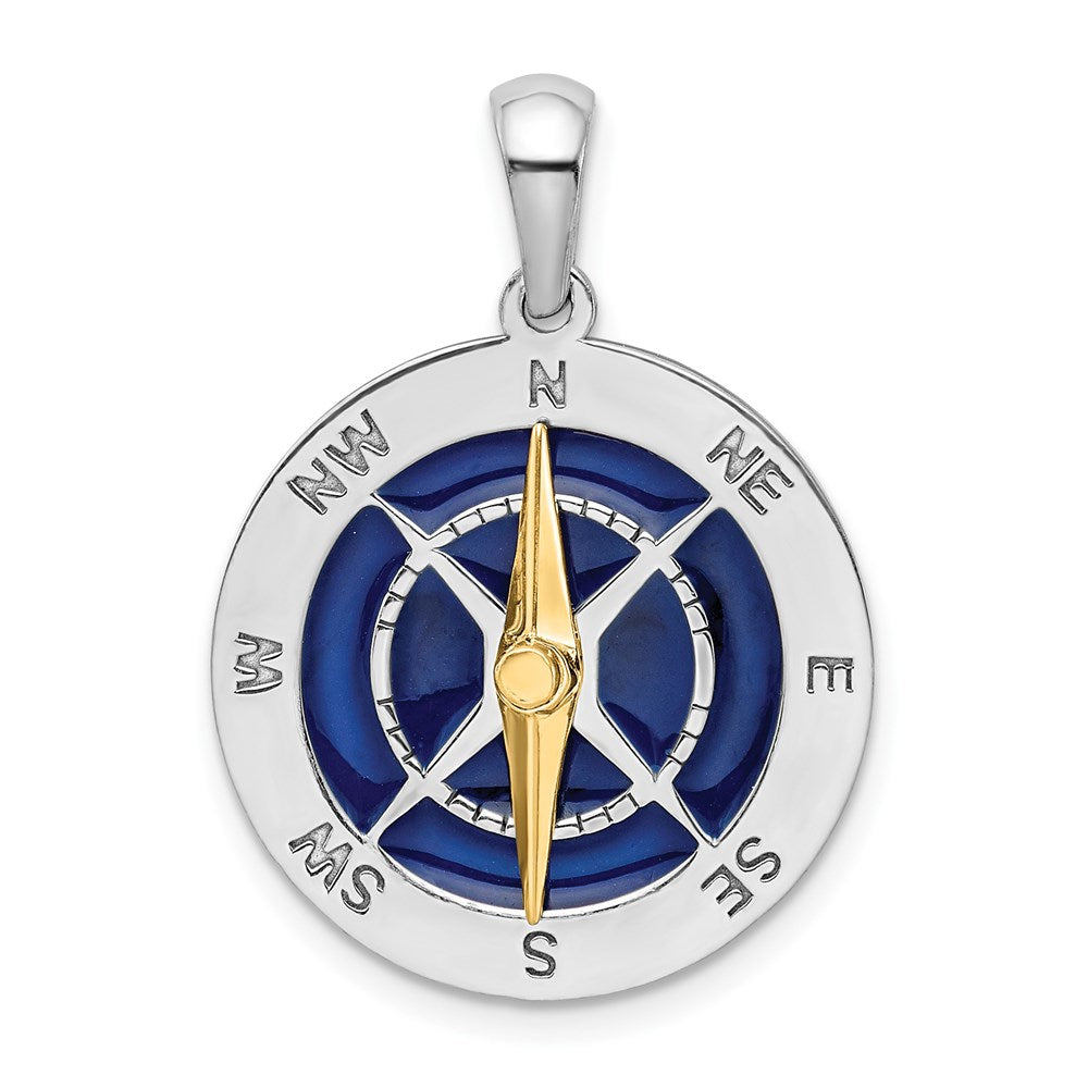 Sterling Silver RH-plated Enamel Compass w/14k Moving Needle Pendant