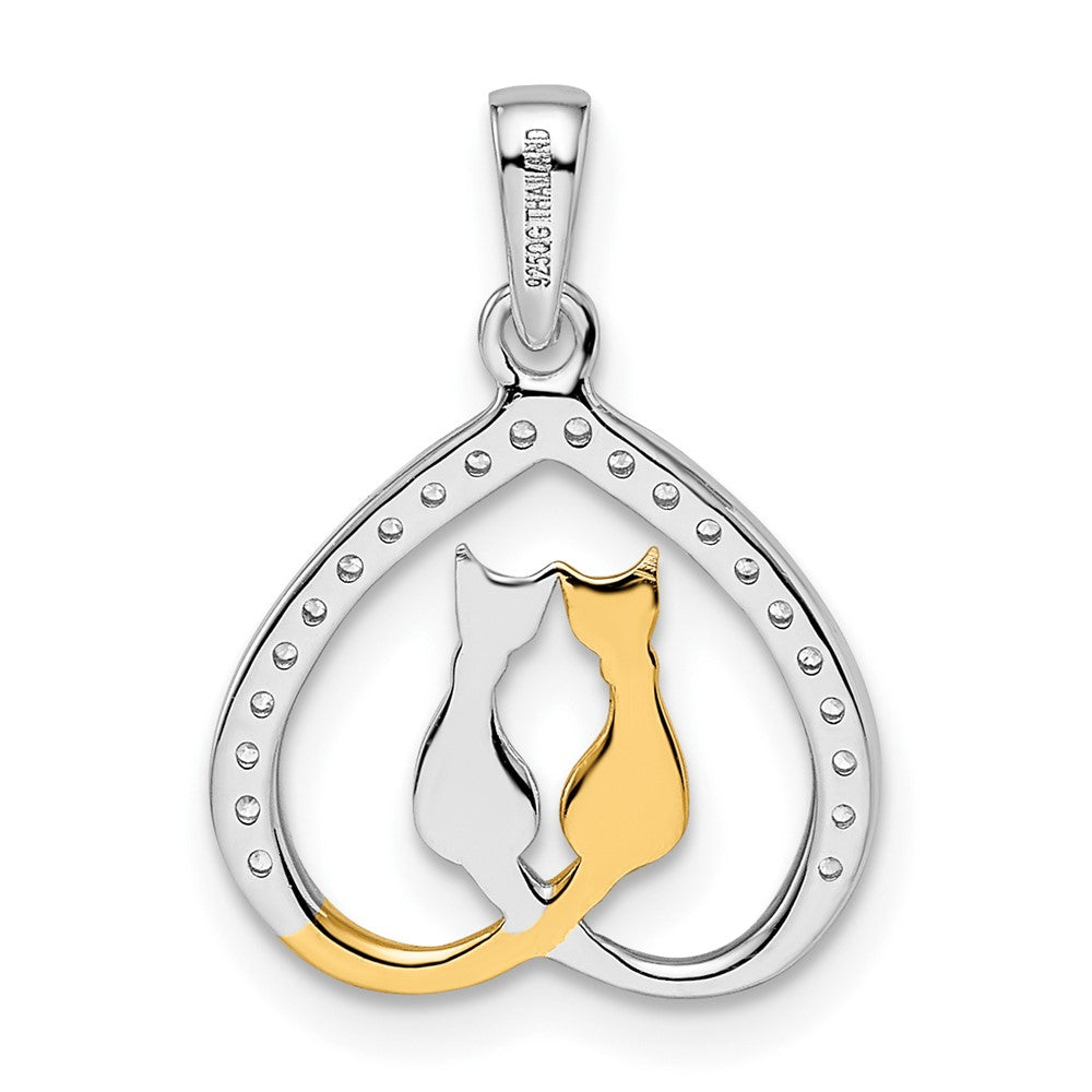 Sterling Silver RH-plated & Gold-plated CZ Heart w/Two Cats Pendant