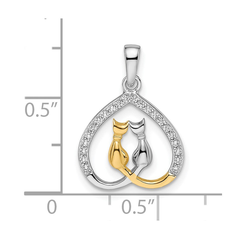 Sterling Silver RH-plated & Gold-plated CZ Heart w/Two Cats Pendant