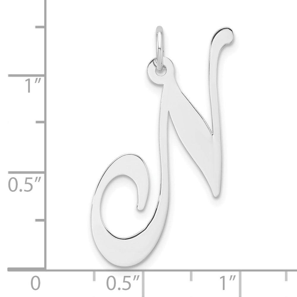 Large Sterling Silver Rhodium-plated Fancy Script Letter N Initial Charm