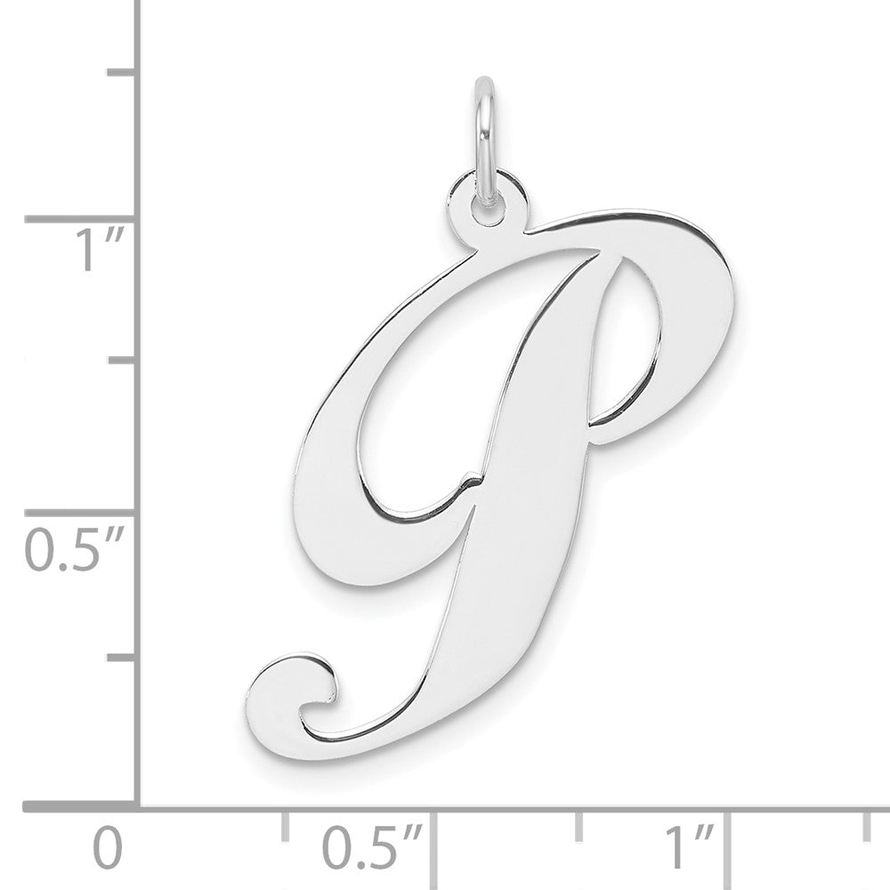 Large Sterling Silver Rhodium-plated Fancy Script Letter P Initial Charm
