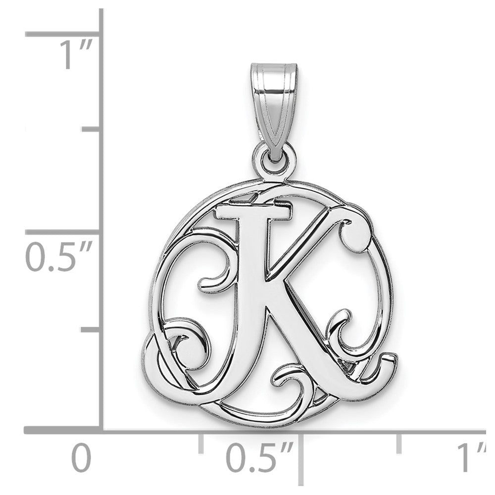 Small Sterling Silver Rhodium-plated Fancy Script Letter K Initial Pendant