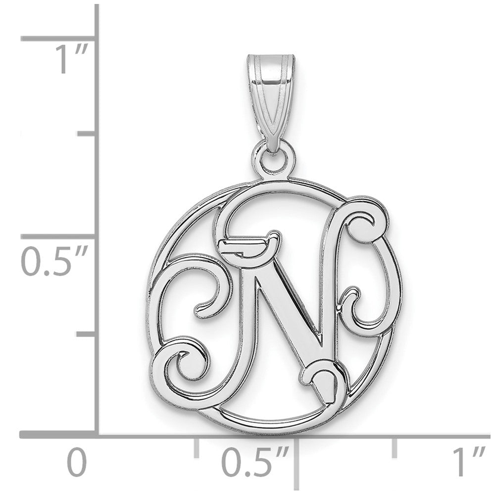 Small Sterling Silver Rhodium-plated Fancy Script Letter N Initial Pendant