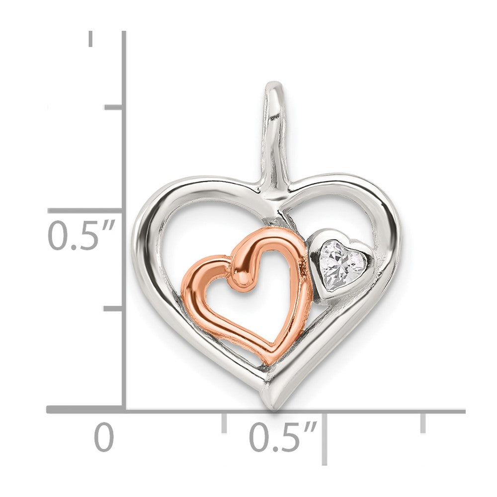 Sterling Silver E-Coat and Rose-tone CZ Hearts Pendant