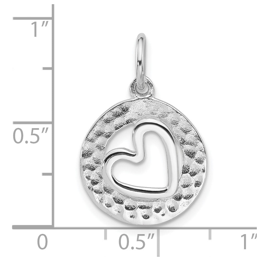Sterling Silver Rhodium-plated Polished/Hammered Circle Heart Pendant