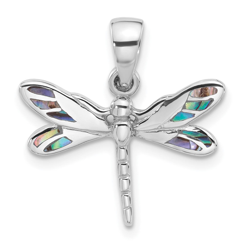 Sterling Silver Rhodium-plated Polished Abalone Dragonfly Pendant