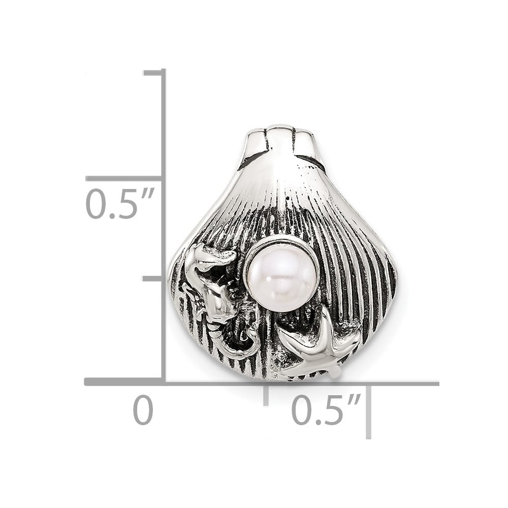 Sterling Silver Polished and Antiqued Synthetic Pearl Seashell Chain Slide