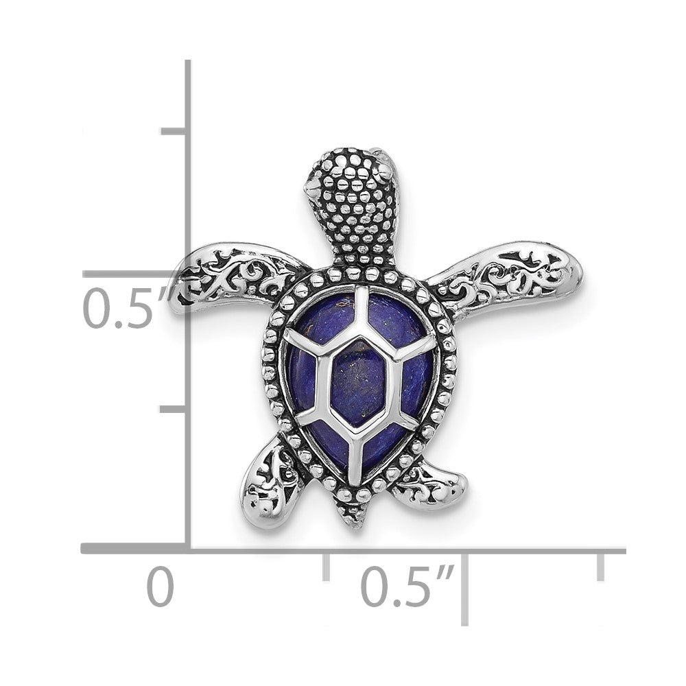 Sterling Silver Rh-plated Polished and Antiqued Lapis Turtle Chain Slide