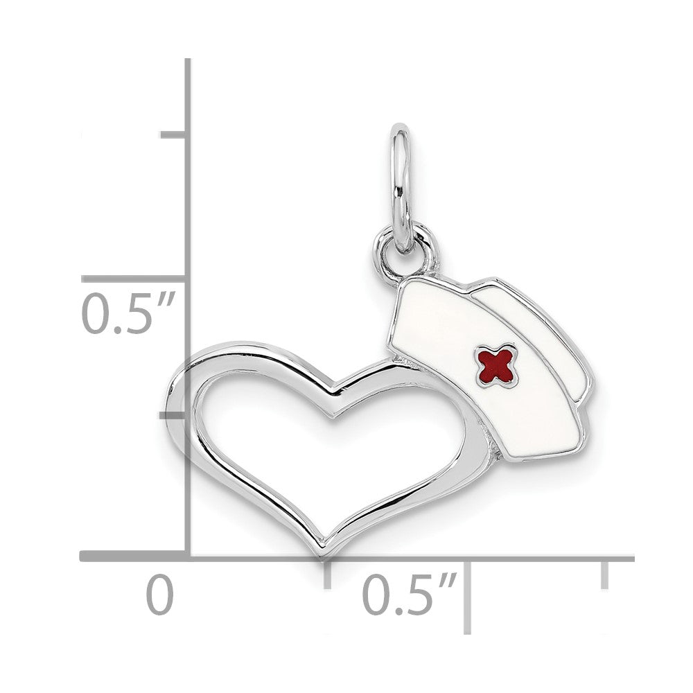 Sterling Silver Rhodium-plated Enameled Nurses Hat with Heart Pendant