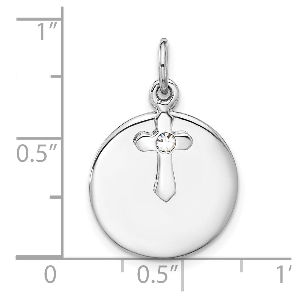 SS Rhodium-plated Circle Disk and Cross with Clear Crystal Pendant