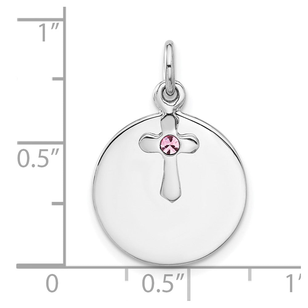 SS Rhodium-plated Circle Disk and Cross with Pink Crystal Pendant