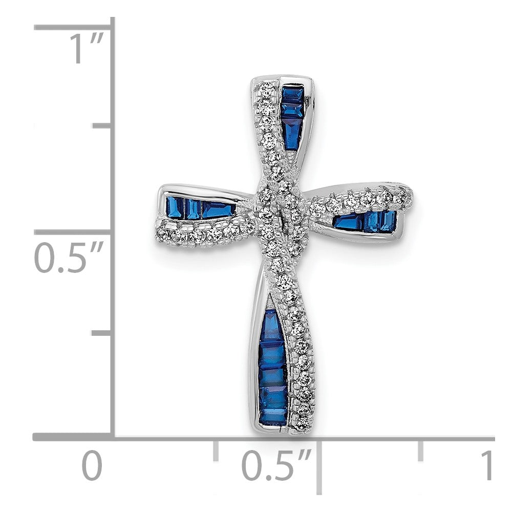 SS Flash Platinum-plated Synthetic Blue Spinel and CZ Cross Charm