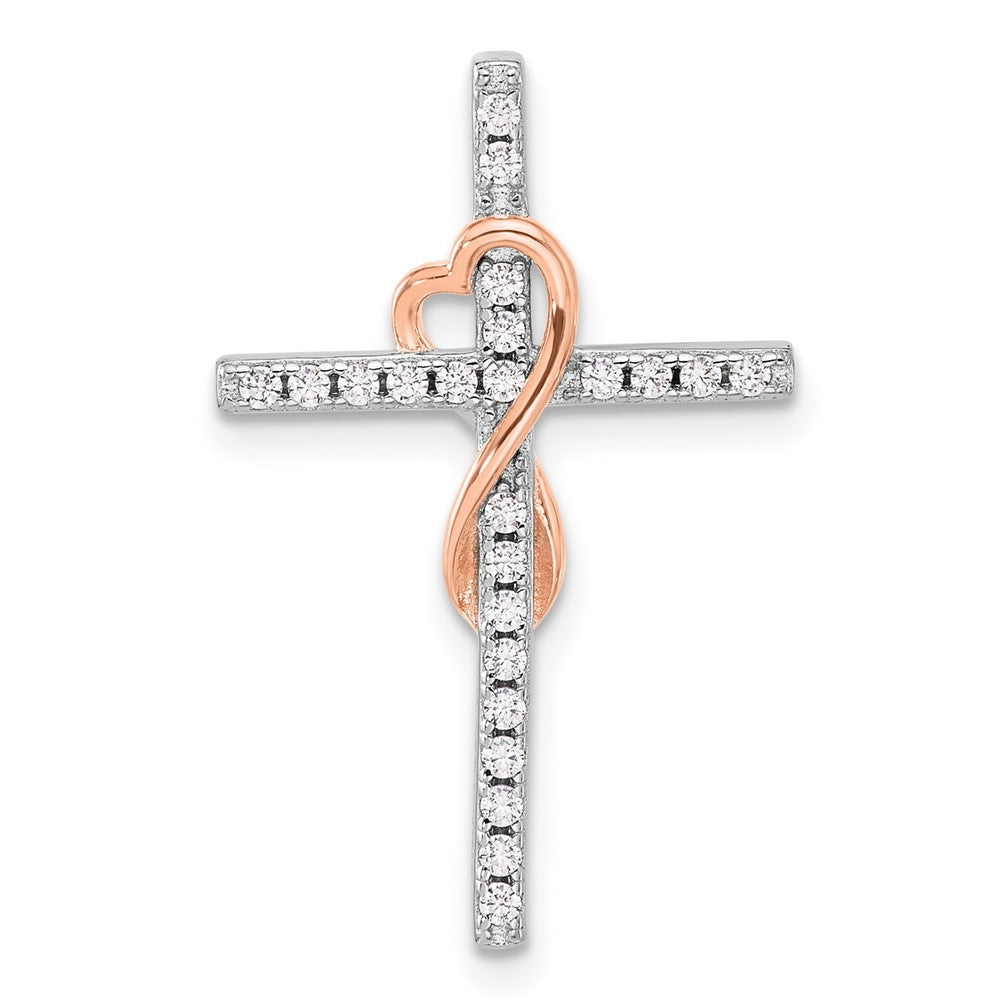 Sterling Silver RH-pltd Rose Gold-pltd CZ Cross/Heart Infinity Chain Slide
