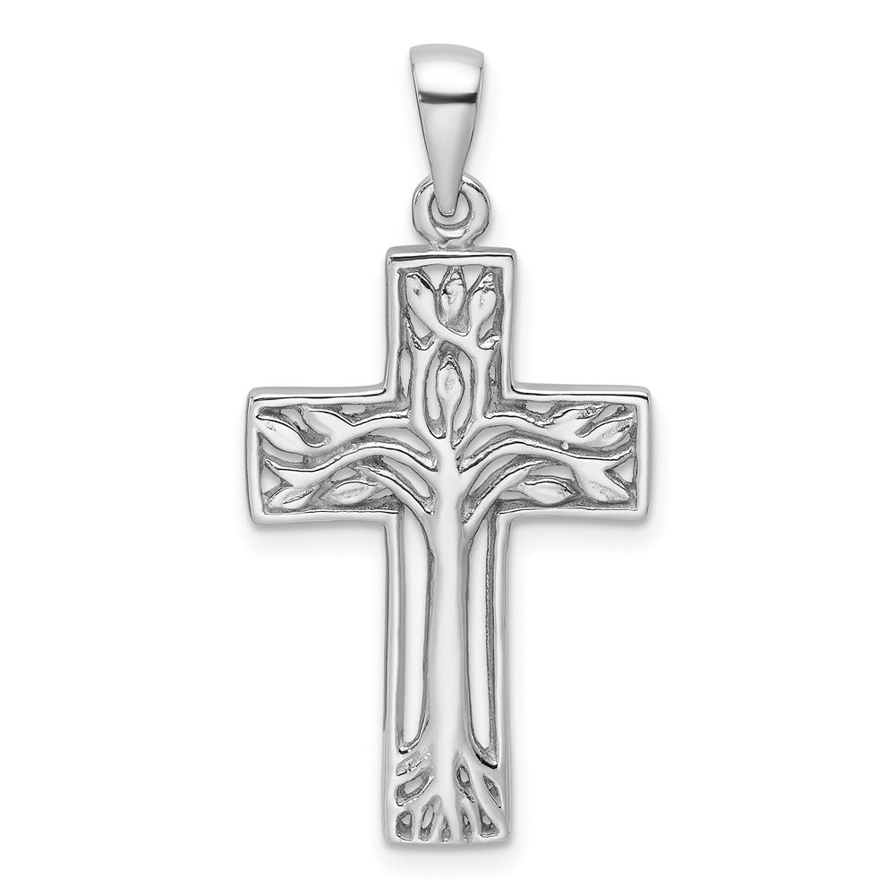 Sterling Silver Rhodium-Plated Polished Cross with Tree Pendant