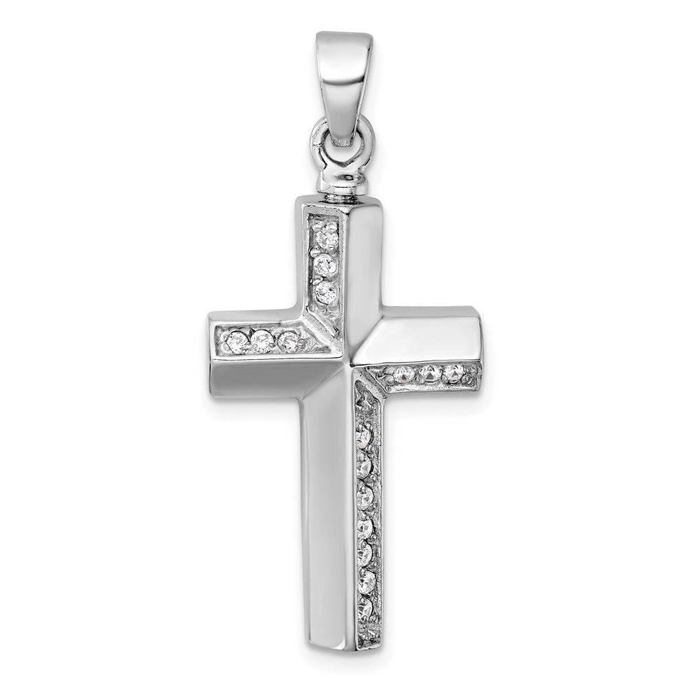 Sterling Silver Rhodium-plated Polished CZ Cross Ash Holder Pendant