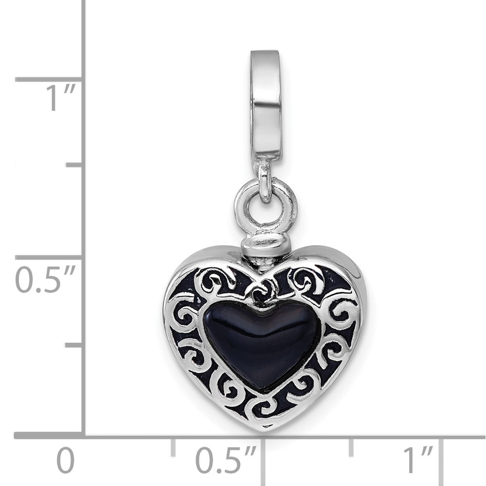 Sterling Silver RH-plated Onyx Enameled Heart Ash Holder Bead/Pendant